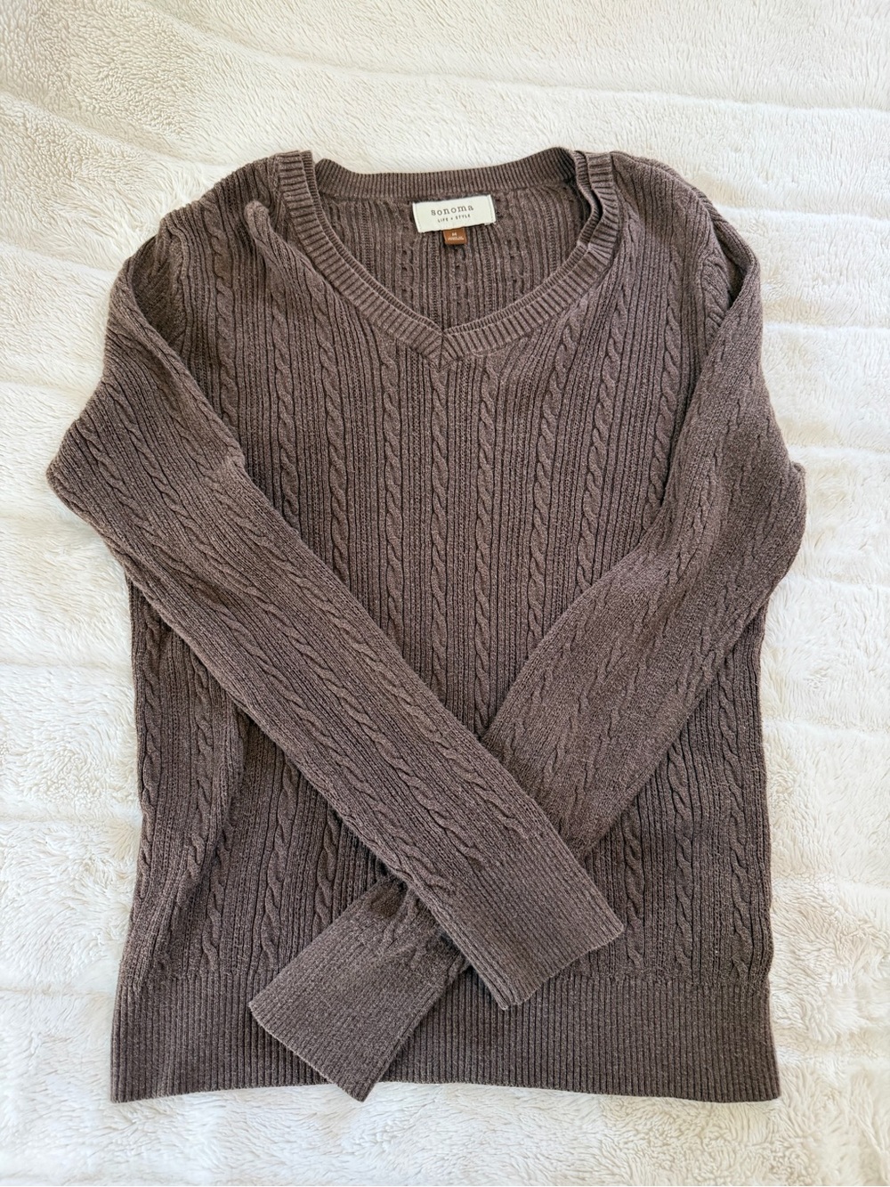 Sonoma Women's V-Neck Cable Sweater in Taupe